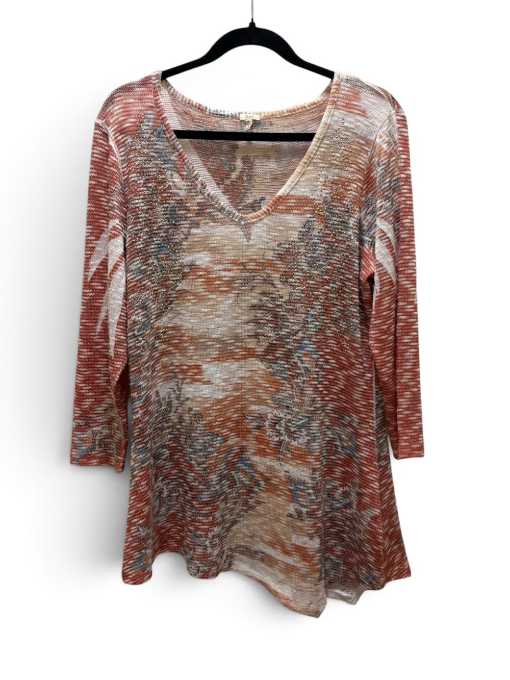 Reba Asymmetrical Embellished Rustic Floral Sweater Size XL